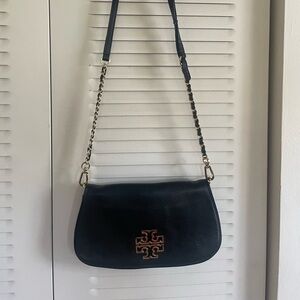 Tory Burch Black Crossbody Bag with Gold Details; Tiny indents on strap.